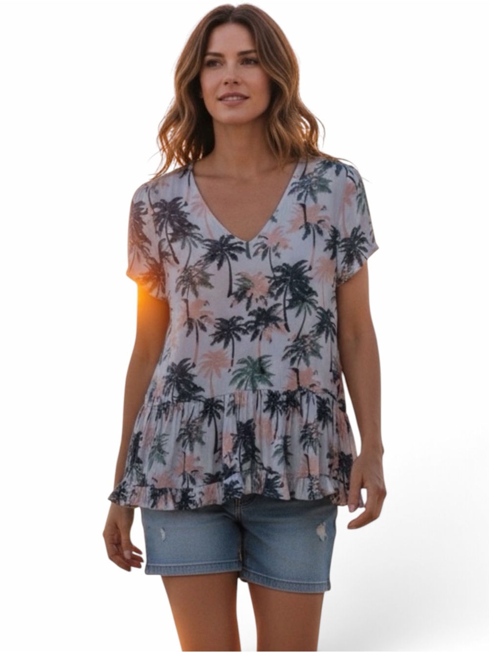 🌴Ro & De Palm Print V-Neck Ruffle Blouse, S/M